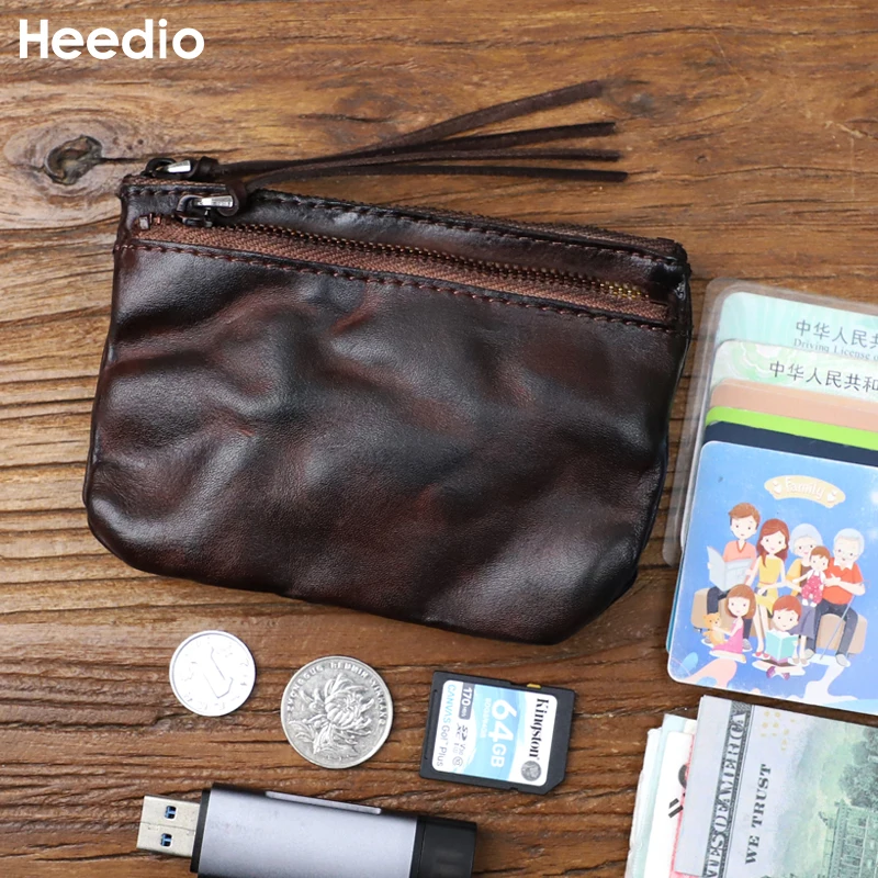 Vintage Genuine Leather Coin Purse Handmade Cow Leather Card Holder Money Bag with Zipper Large Capacity Organizer Card Case