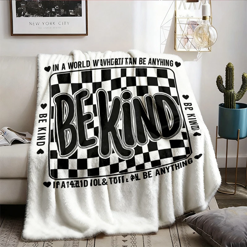 Checkered Be Kind Flannel Blanket, Retro Motivational Teacher Flannel Throw, Positive Affirmation Cozy Blanket