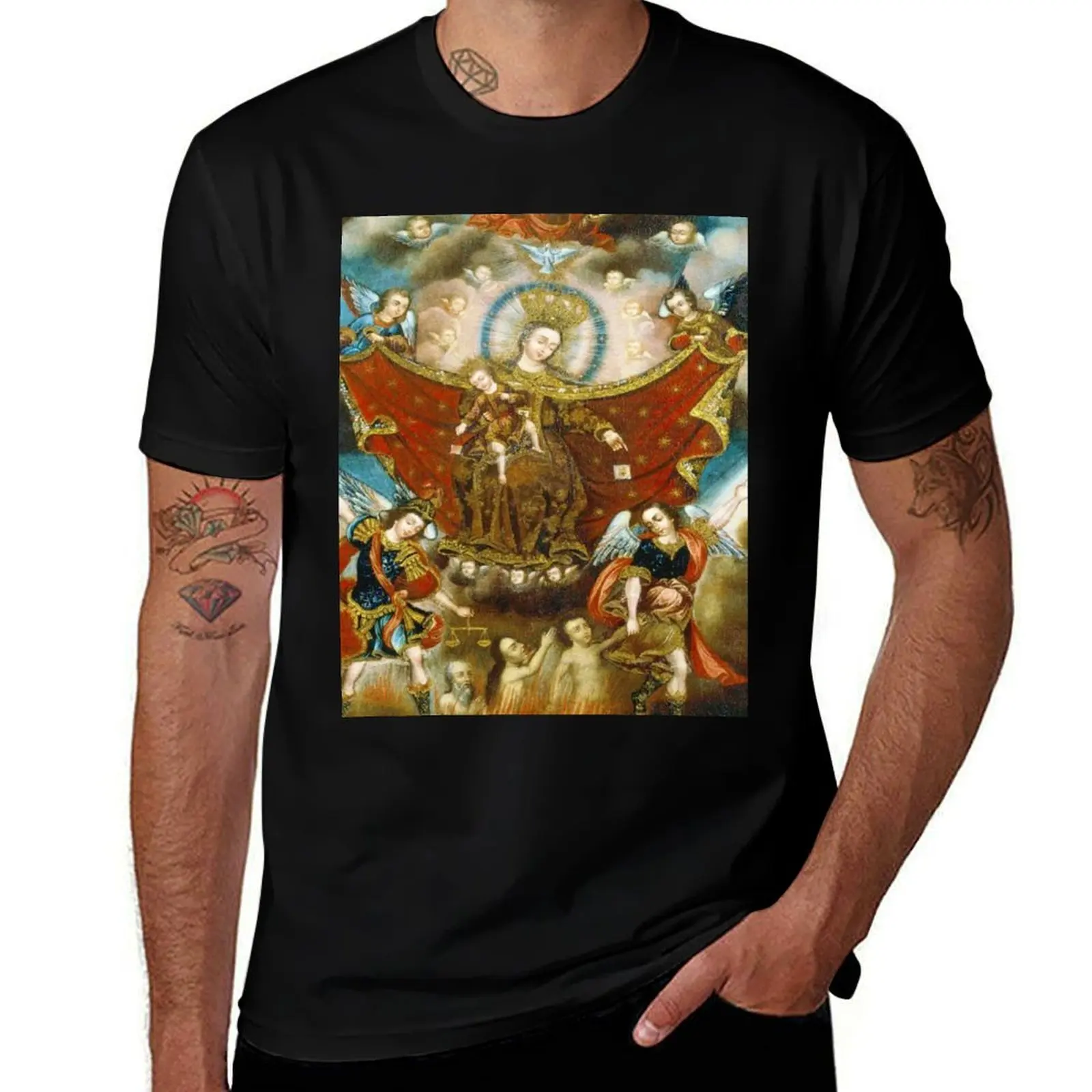 Our Lady of Mt Carmel Virgin Mary St Michael & St Gabriel Scapular T-Shirt Novelty Print Casual Tee Shirt T-Shirt