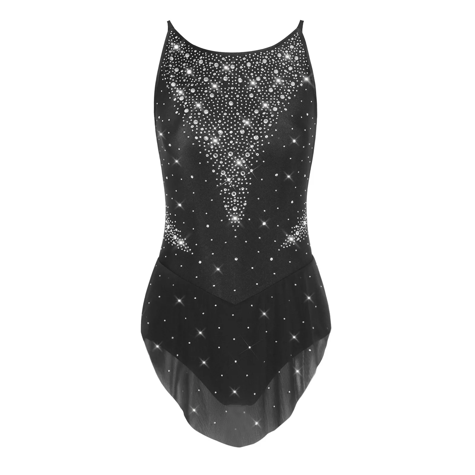 Damen-Gymnastik- und Eiskunstlauf-Ballett-Trikot mit Strasssteinen und unregelmäßigem Netzsaum, ärmellos, rückenfrei, einteiliger Jumpsuit – Detail 13