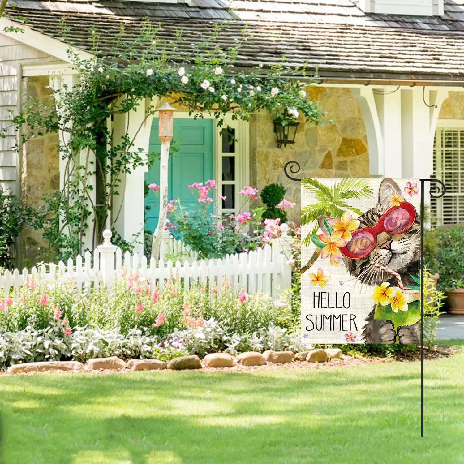 AVOIN colorlife Hello Summer Floral Cat Garden Flag 12x18 Inch Double Sided Outside, Party Holiday Burlap Yard Outdoor Decor yyi