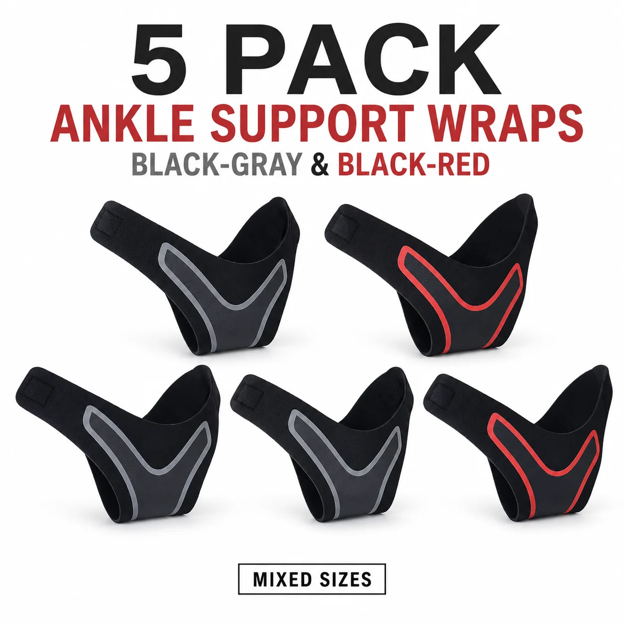 5 Pack Ankle Support Wraps Adjustable Brace Black Gray Black Red Mixed Sizes for Walking Training Fitness Daily Wear Mens Womens