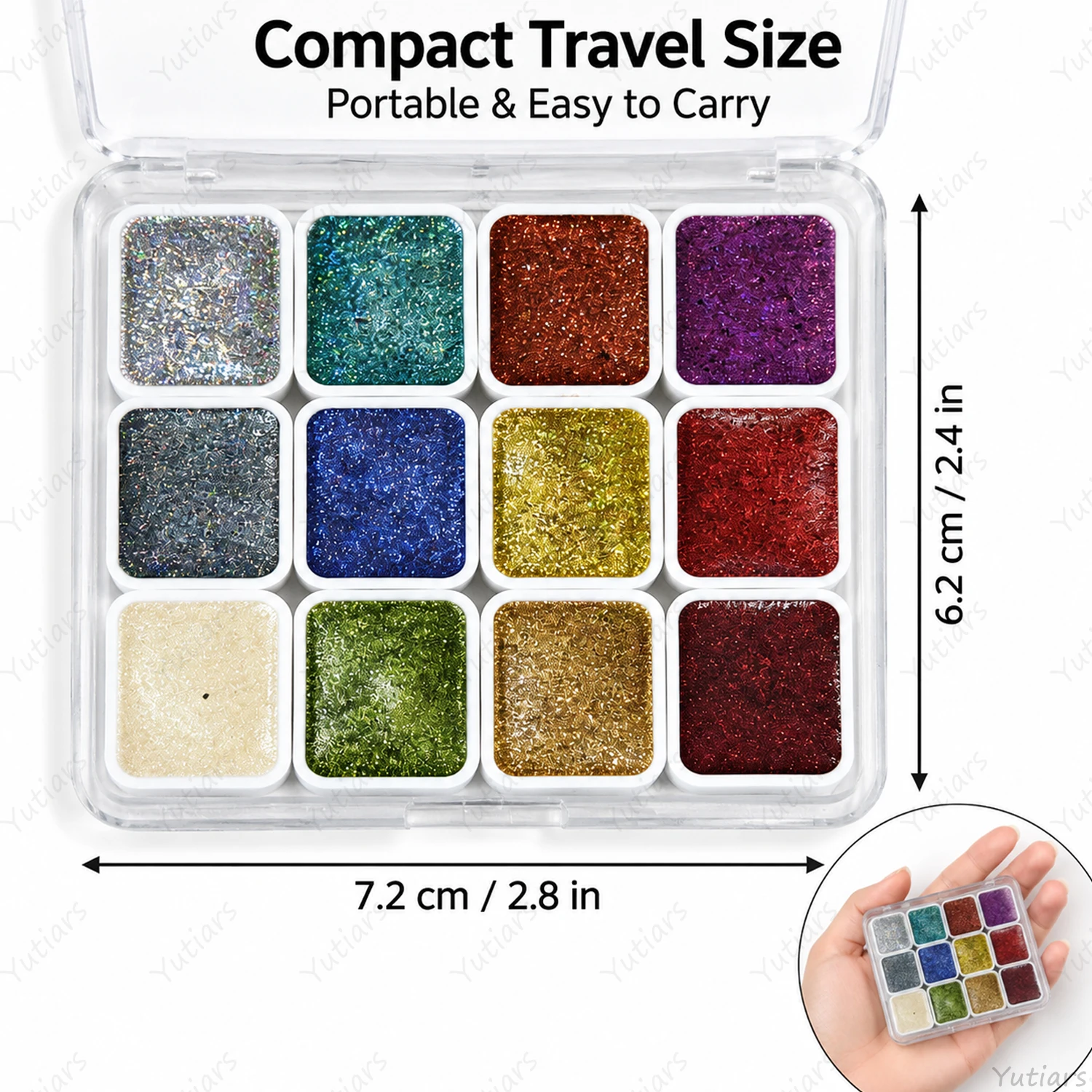 12 Color Holographic Glitter Watercolor Paint Set Sparkling Metallic Solid Pigment Palette for Cards Journaling DIY Art Supplies