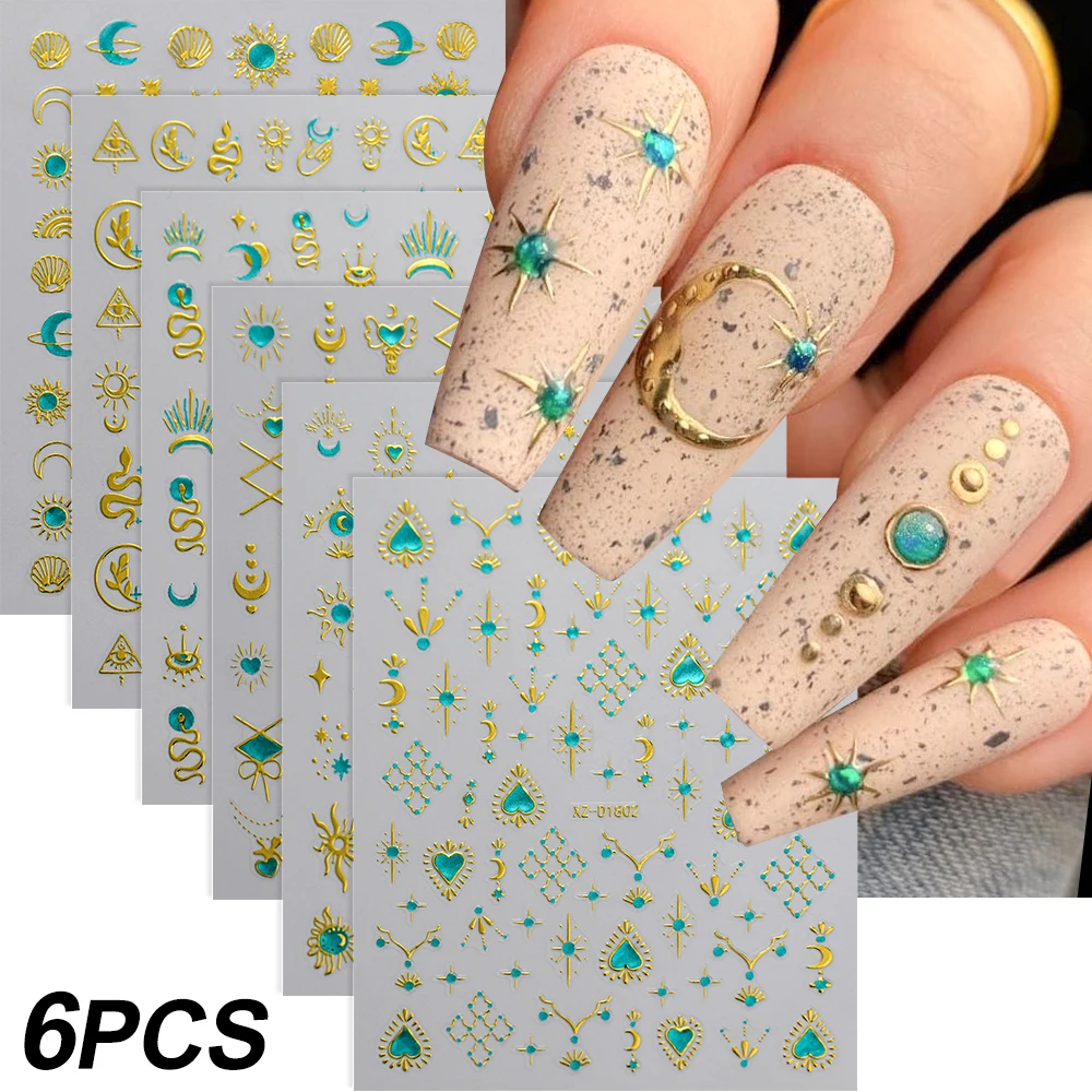 6Pcs Red Heart Rhinestone Gems Nail Stickers 3D Bronzing Gold Sun Moon Starlight Metallic Slider Decals Adhesive Jewels Stickers