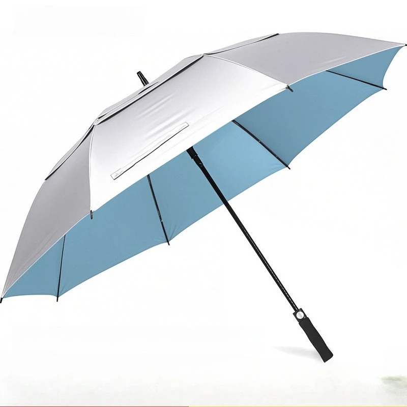Auto Large Golf Umbrella 180cm Titanium Silver UV Protection Double Layer Fiber Ribs Windproof No Turn Inside Out for Beach