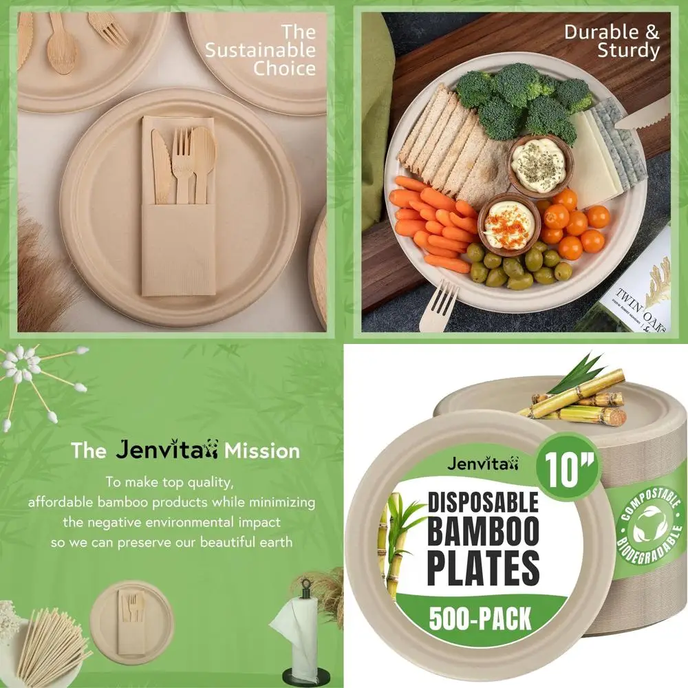 

10-inch Compostable Bamboo Paper Plates (500 Pack) - Heavy Duty, Microwave Safe, FSC Certified, Biodegradable & PFAS Free