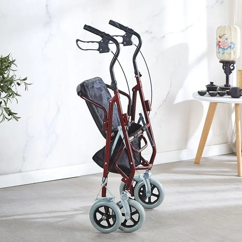 Double Hand Brake Elderly Walker with Wheels Foldable Shopping Cart Trolley Rehabilitation Mobility Aids Walking Stick Can Seat