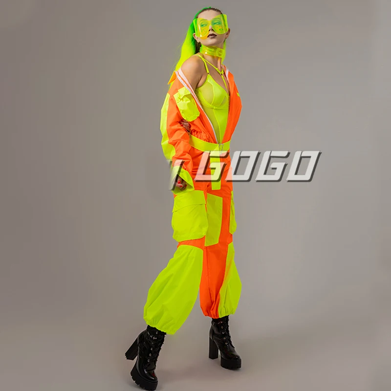 Fluorescent Green Orange Jumpsuit Women Hip Hop Dance Overalls Sexy Gogo Dancer Costumes Stage Kpop Outfit Jazz Clubwear XS7110