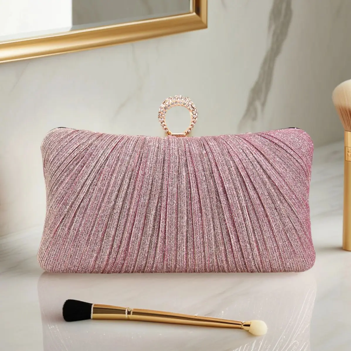 

Evening Bags Finger Ring Diamonds Clutch Ruched Fashion Prom Dinner Handbags With Chain Purse