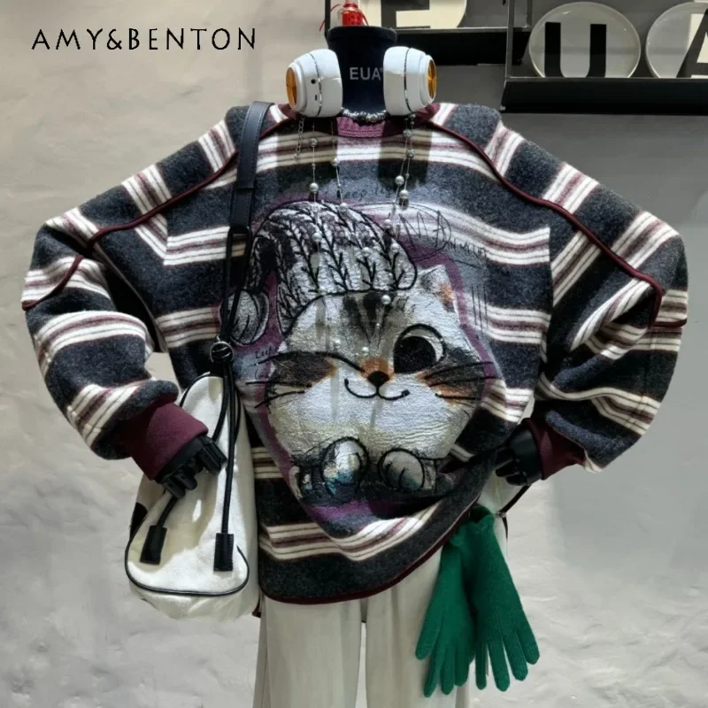 

2024 Autumn Winter New American Retro Sudaderas Striped Color Ribbon Hat Cat Fashion Design Sense Fleece O-neck Sweatshirt Women