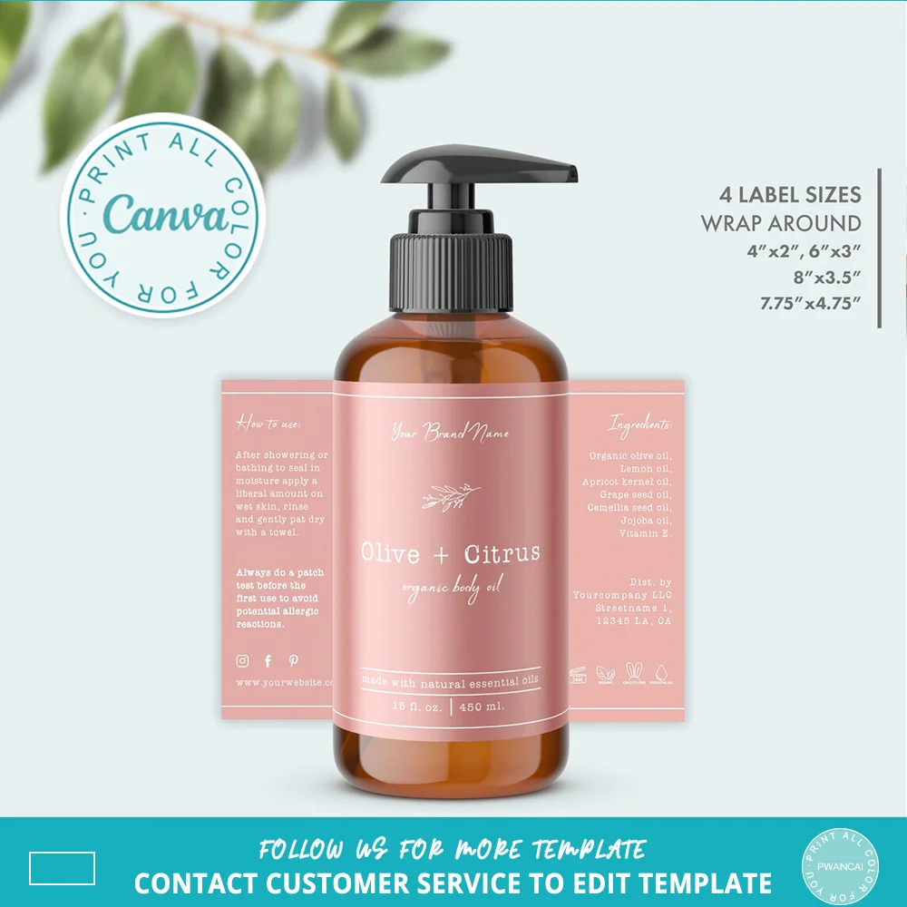 Editable Floral Body Product Bottle Label Template DIY Rustic Cosmetic Labels Printable Body Oil Lotion & Shampoo Label Design