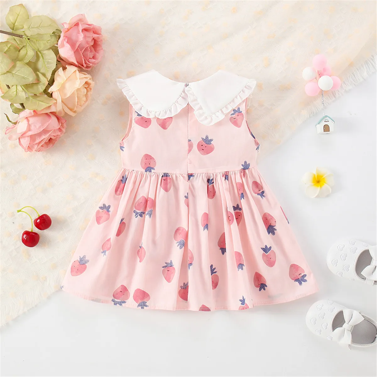 Summer New Baby Girls Dress Strawberry Print + Fox Crossbody Bag Lapel Ruffle Lace Lace Sweet Princess Dress Birthday Party Dres