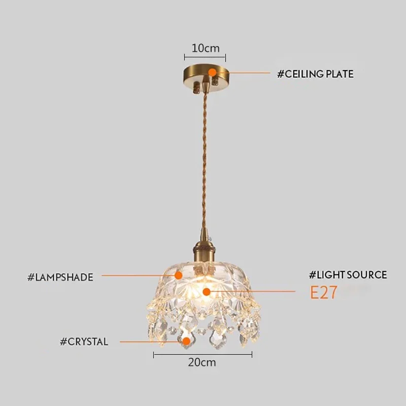 Modern E27 glass crystal lamp with knob switch, small crown brass chandelier for bedroom, living room and children's room