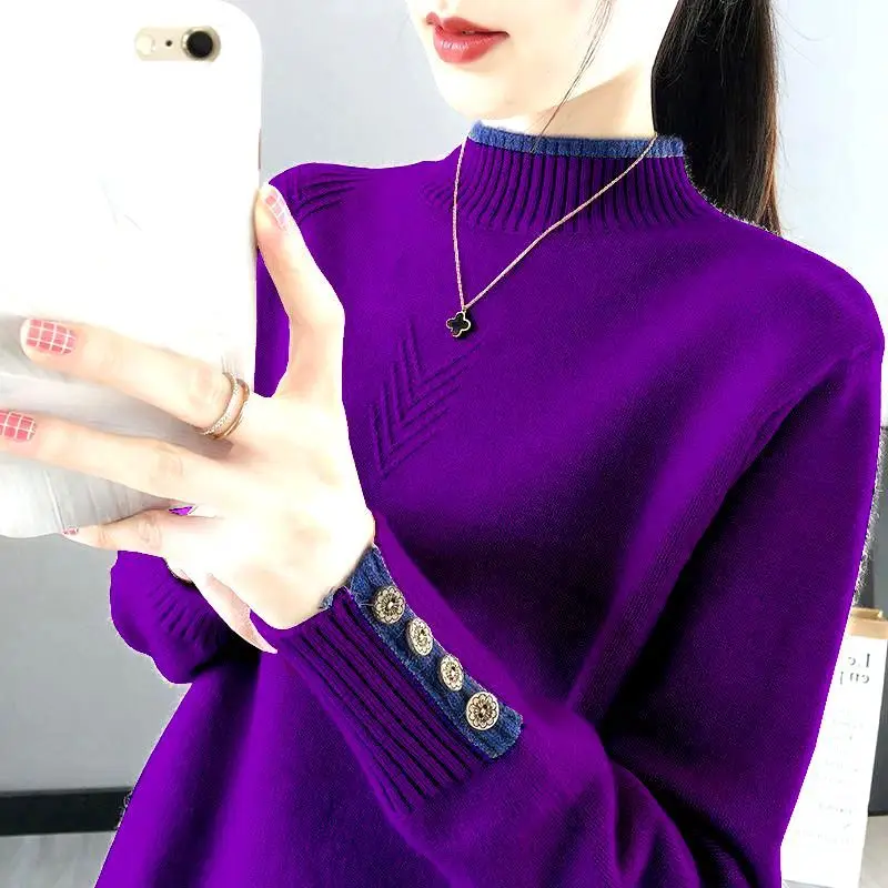 Autumn Winter New Women\'s Pullovers Color Block Half High Collar Button Fashion Loose Foreign Style Long Sleeve Sweaters Tops