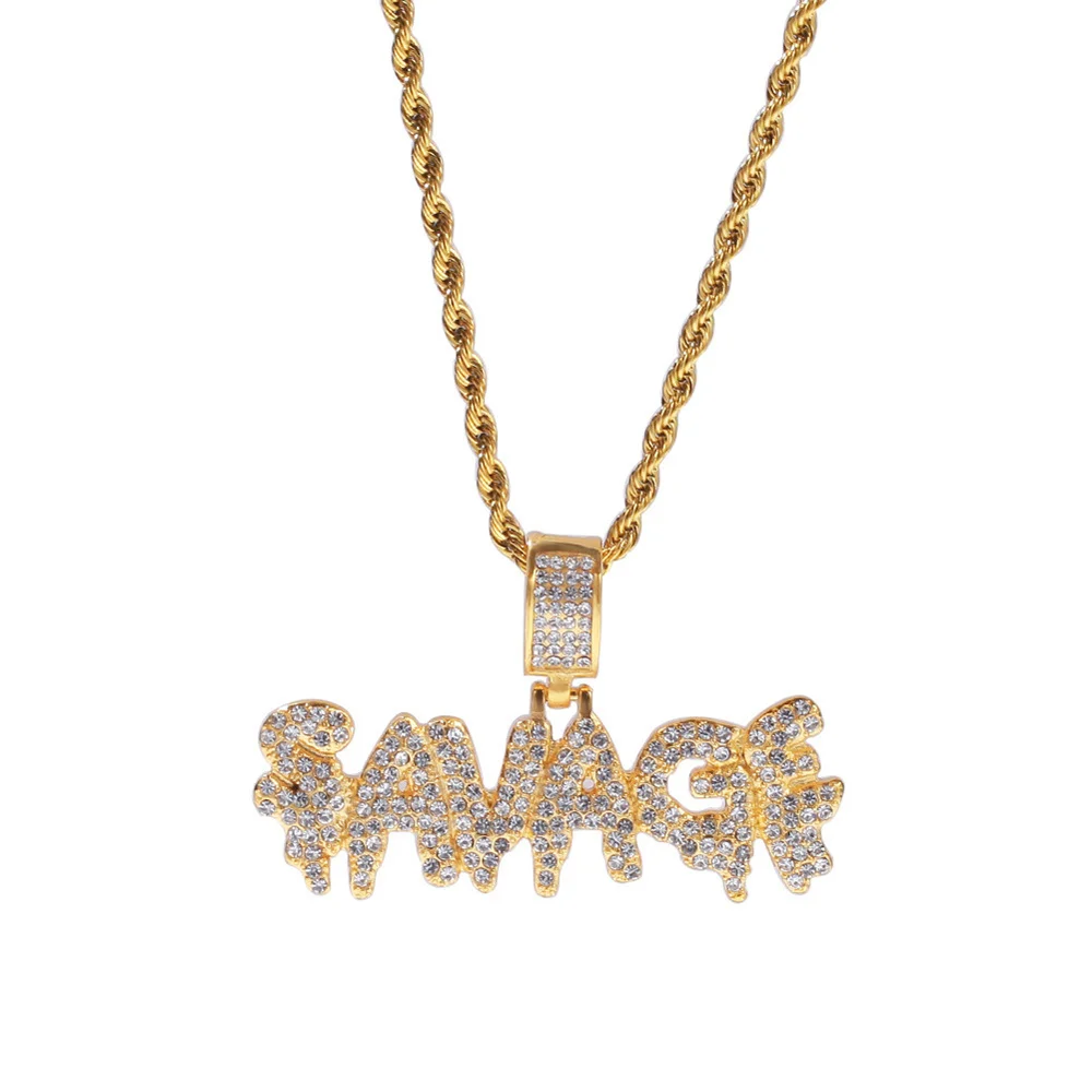 Hip Hop Iced Out Bling CZ SAVAGE Letter Pendant Gold Color Stainless Steel Cubic Zirconia Rapper Necklace for Men Jewelry Gift