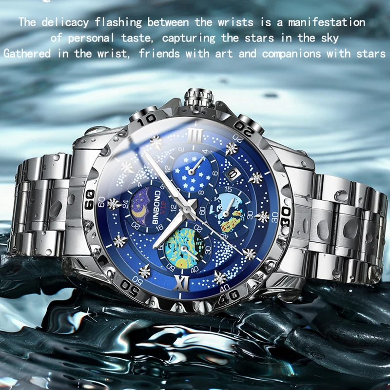 BINBOND Men\'s Watches Classic Fashion Original Qrartz Watch for Man Waterproof Luminous Starry Night Glow Dial Moon Phase Date