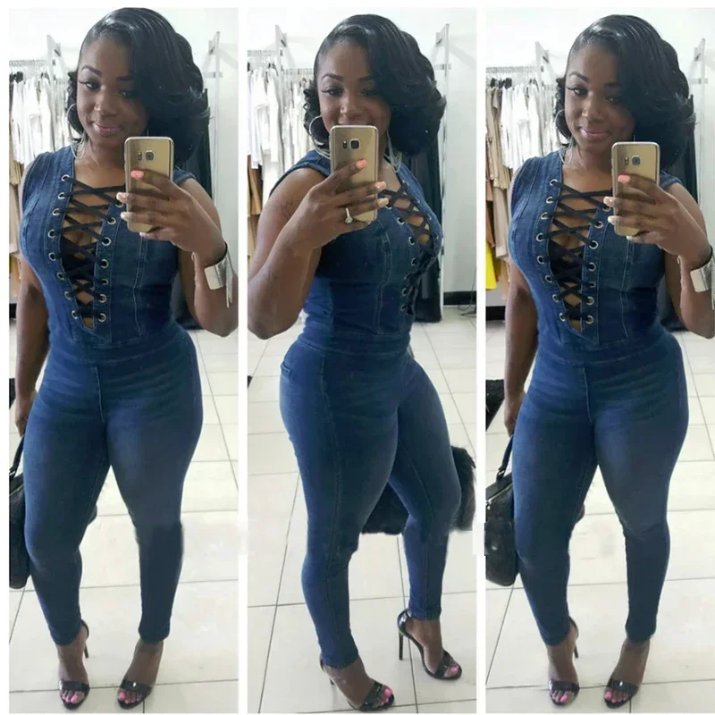 Sexy Denim Rompers Overalls Women Jeans Skinny Jeans Sexy Blue Lace-up Hollow Sleeveless Bodycon Jumpsuits Bodysuit 2025