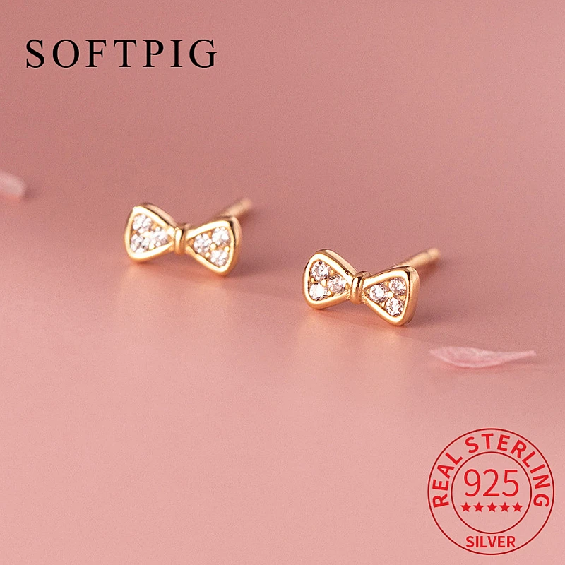 SOFTPIG 100% 925 Sterling Silver Zircon Bowknot Stud Earrings for Women Classic Fine Jewelry Minimalist Accessories