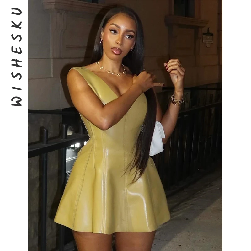 Sexy Sleeveless PU Pleated Mini Dress Women O Neck Casual A-Line Party Vestido 2024 Spring Fall Night Club Y2K Clothes