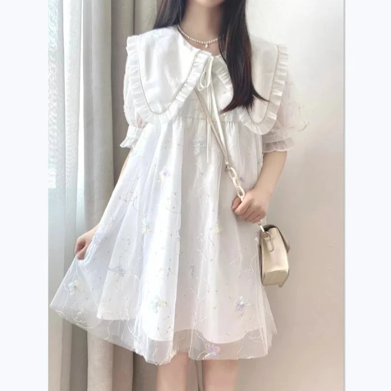 

Women's Summer New Sweet Preppy Style Spliced Gauze Printed Ruffles Drawstring Peter Pan Collar Loose A-line Short Sleeve Dress