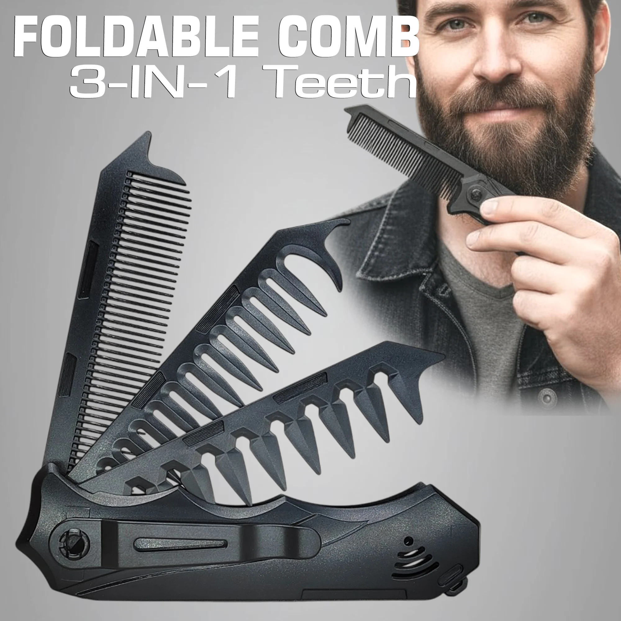 3-in-1 opvouwbare kam Draagbare zakbaardkam Zakformaat voor reizen Zwart plastic snorhaarkam voor verzorging onderweg