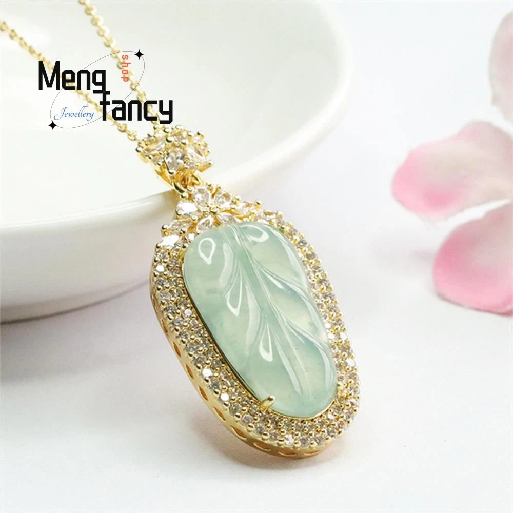 Natural A-goods Jadeite Blue Water Ice Leaf Pendant Exquisite Elegant Simple High-grade Luxury Quality Fine Jewelry Holiday Gift