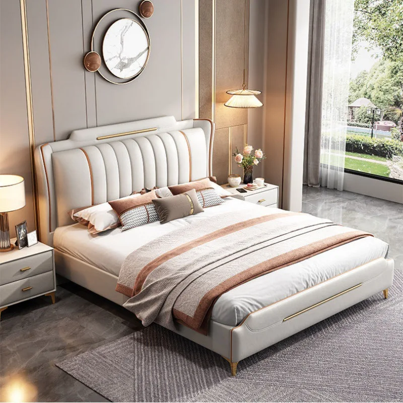 Moderne eenvoudige hoofdslaapkamer sfeervol lederen bed hoofdslaapkamer dubbel