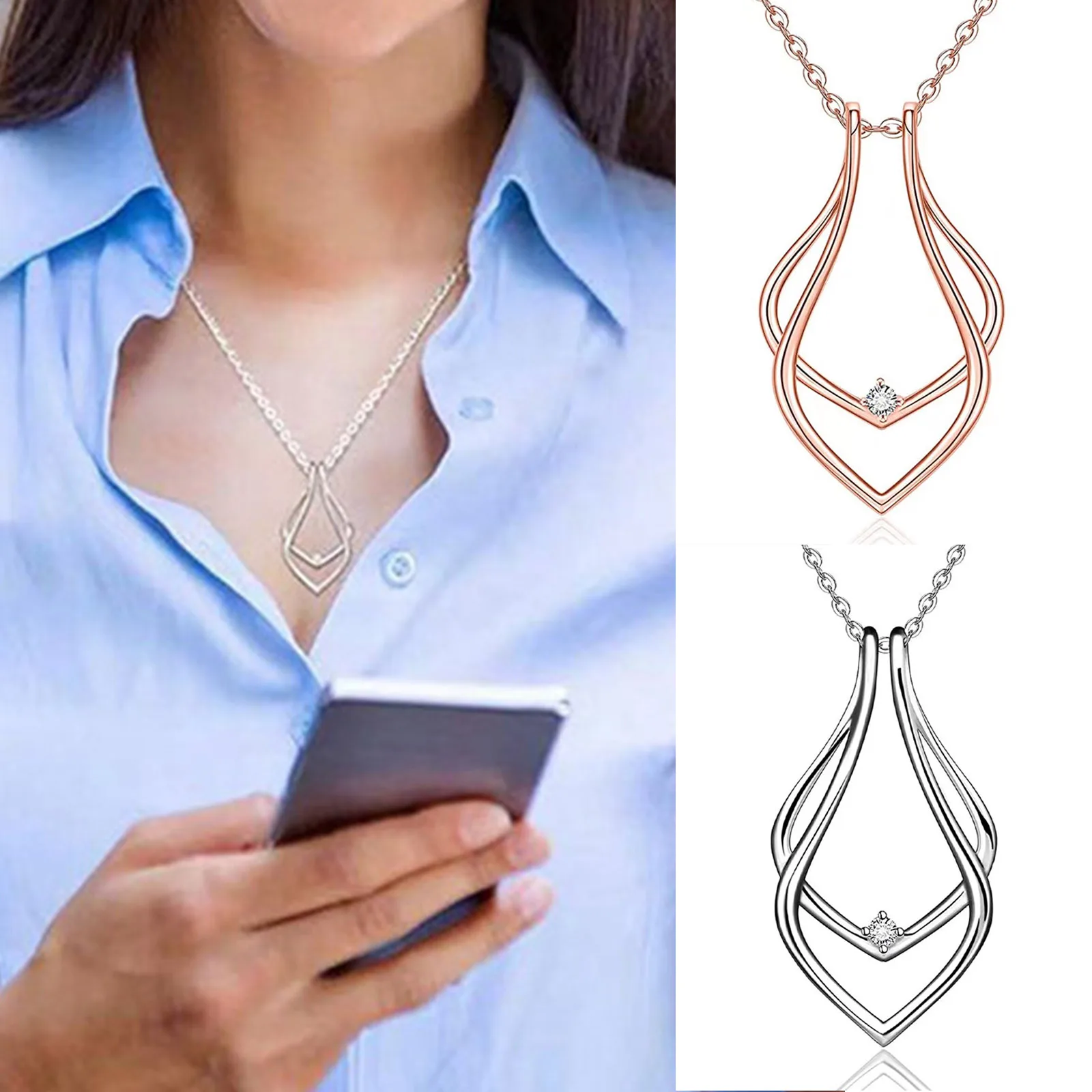 

Zinc Alloy Simple Ring Holder Pendant Necklace Geometric Clear Rhinestone Necklace Women Fashion Jewelry Gift 42cm(16 4/8") Long