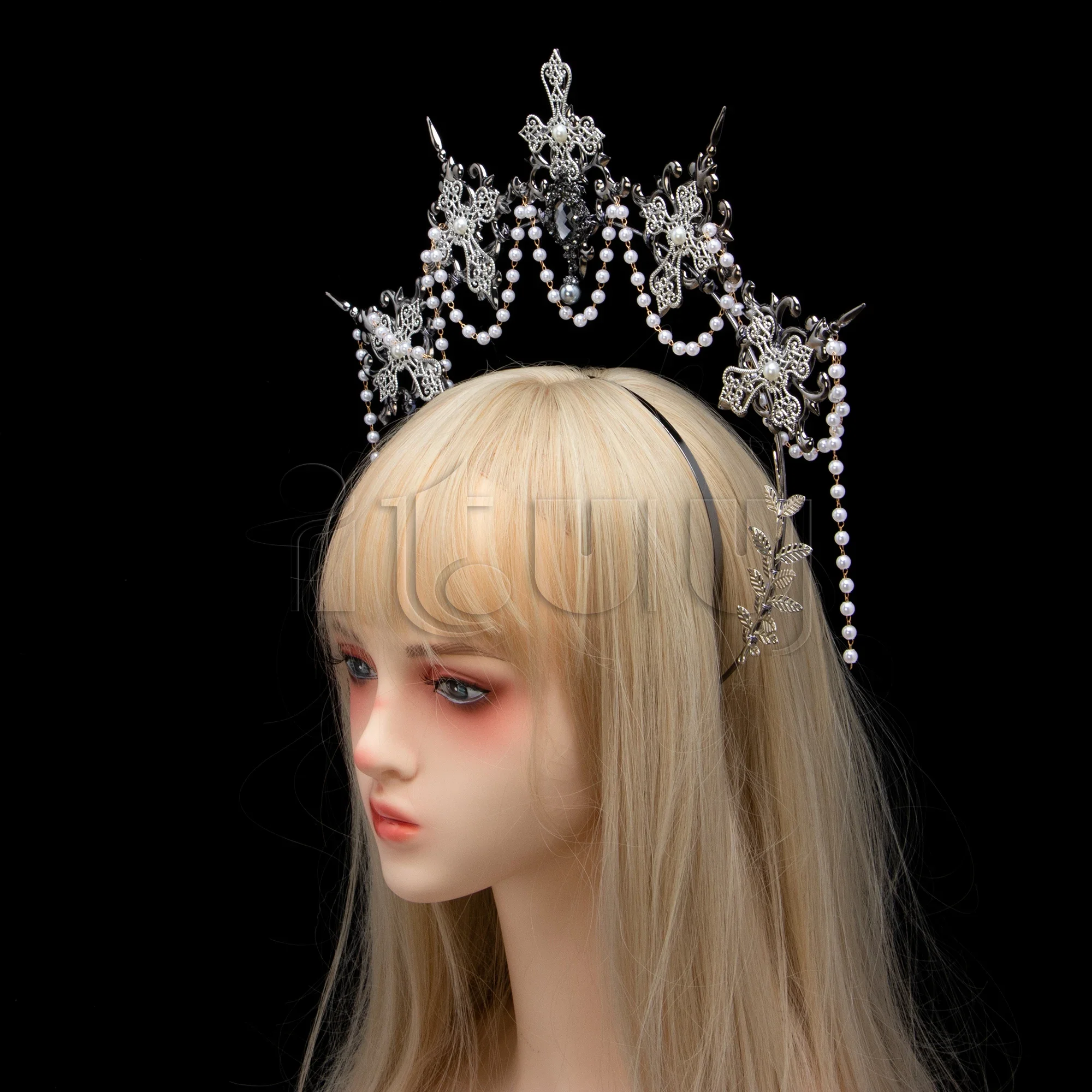 Tocado de corona de Halo de plata KC hecho a mano, tocado de corona con apertura de Madonna de Lolita, cadena de cuentas, Aro para el pelo, Tiara, accesorios para el cabello