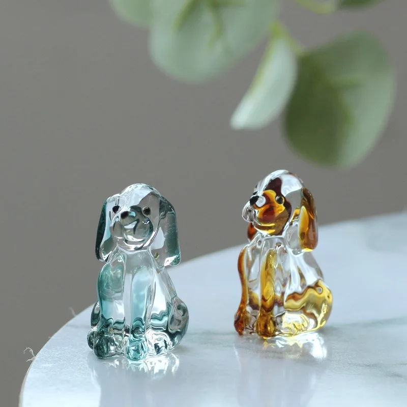 Crystal Glass Canine Figurine Home Automotive Office Desk Artisan Craft Feline Canine Decor Gift Colored Glaze Animal Miniatures