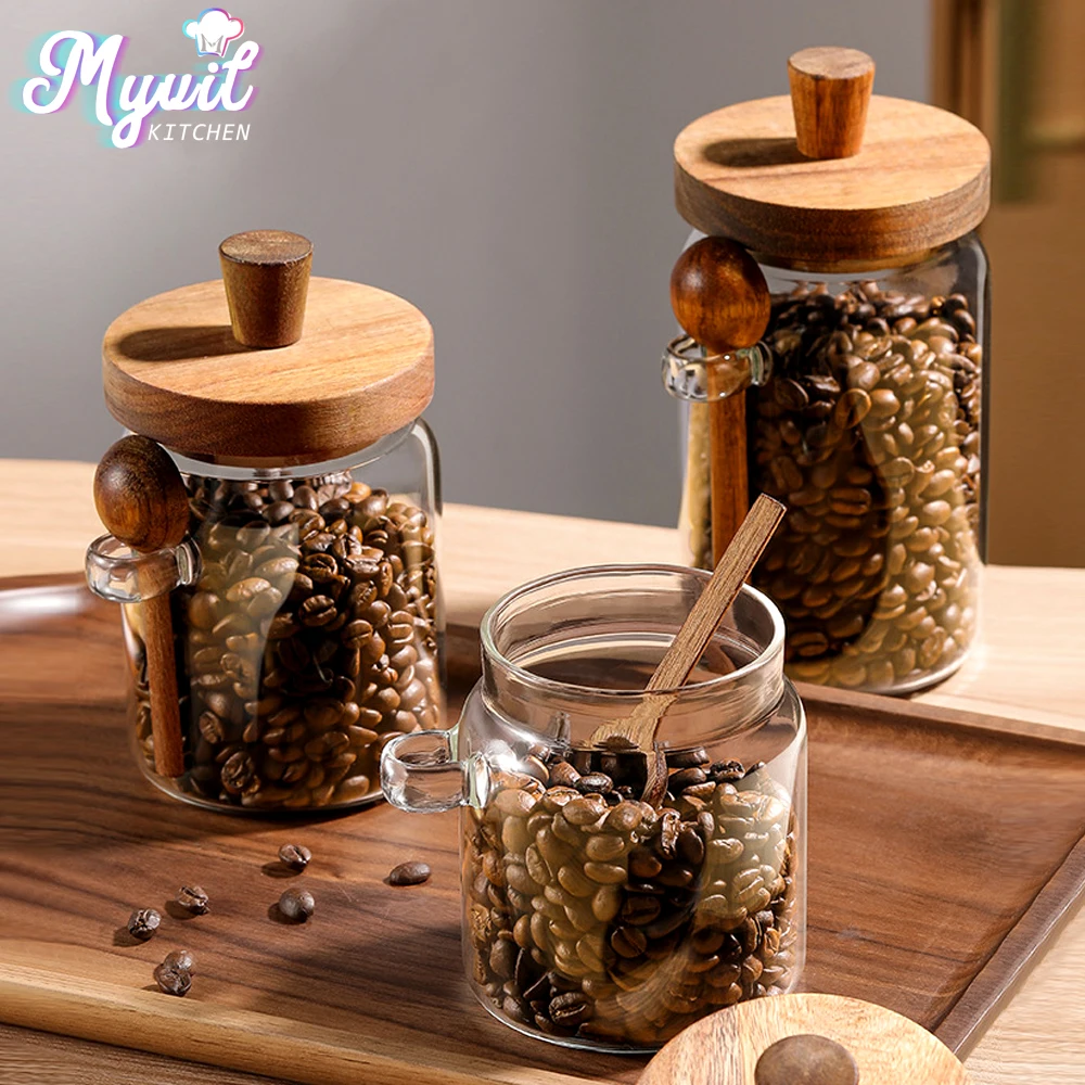 Glass Storage Jar 3-Piece Set Airtight Moisture-Proof Coffee Bean Container Kitchen Spice Storage Includes Wooden Lid and Scoop
