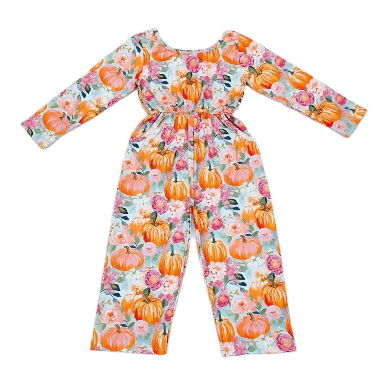 LR1060 Fashionable And Good-Looking Girls Jumpsuits Long Sleeves Top Pumpkin Blossoms Print  With Jumpsuit  Children Clothes