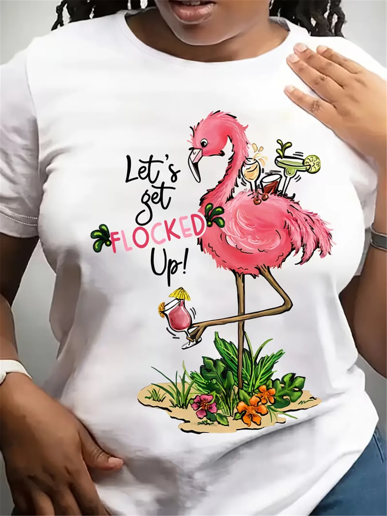 Women Let's Get Flocked Up Flamingo Cocktail Print T Shirt Tropical Beach Vacation Funny Slogan Crew Neck Short Sleeve Summer Casual Graphic Tee