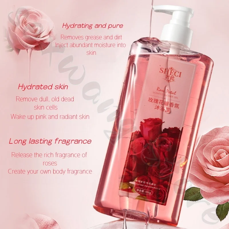 Rose scented shower gel with long-lasting fragrance, deep cleansing, smoothing and moisturizing, improving roughness and dryness