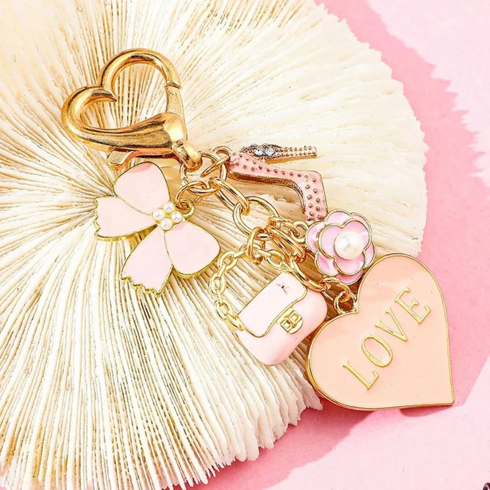 Kawaii Pink Aesthetic Bag Charm Key Clip Multi Enamel Charms Bow Flower Mini Handbag LOVE Heart Dangle Keychain For Teen Girls