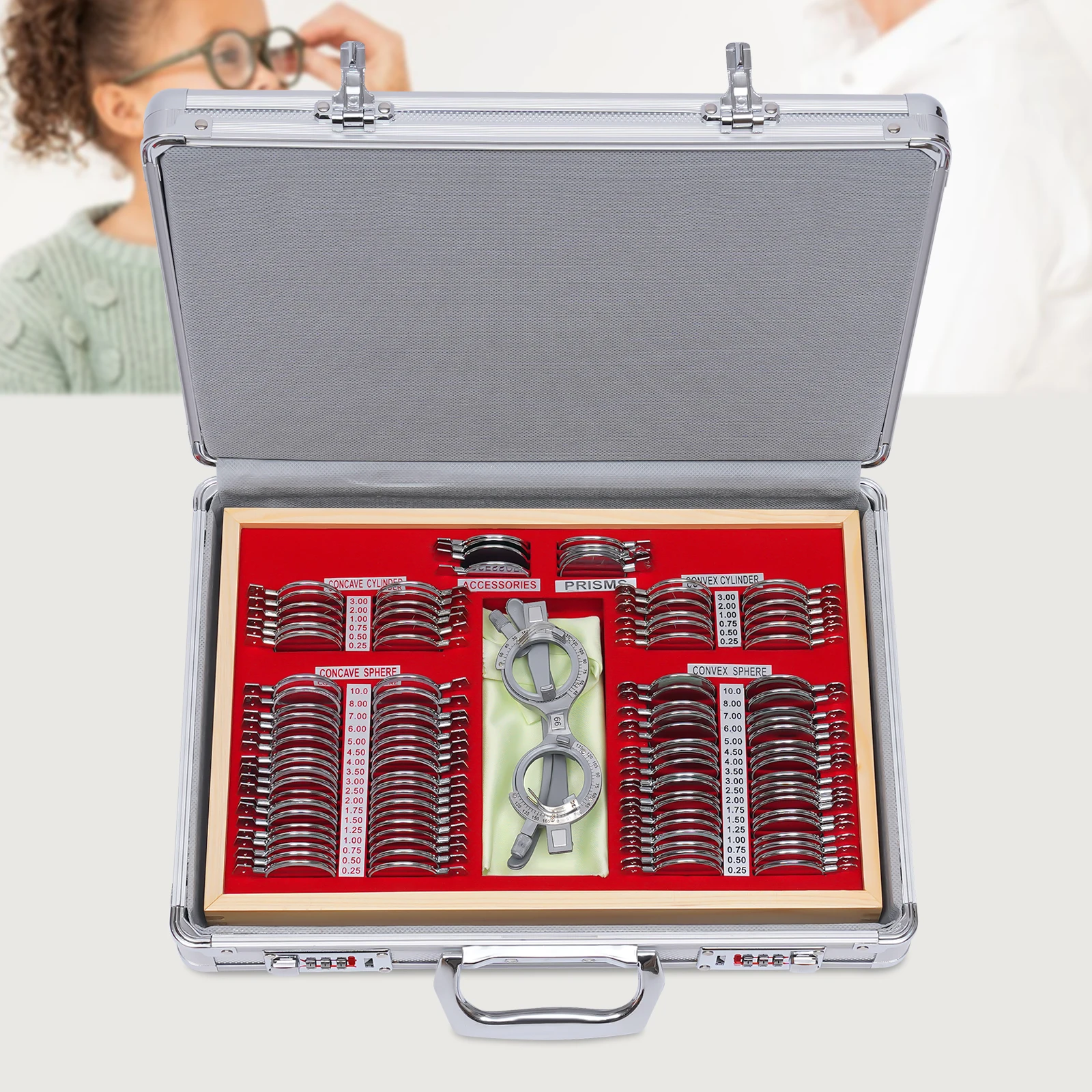 Ensemble de lentilles d'essai optique 104 pièces, Kit de lentilles d'optométrie professionnelles, ensemble de lentilles de test de Vision avec étui de transport et tableau oculaire