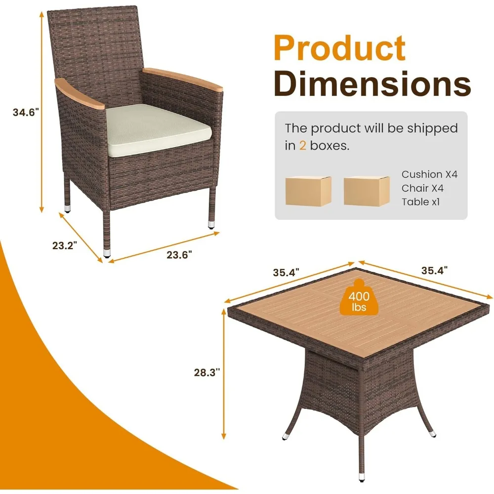 4人用パティオダイニングセット、全天候型ラタン屋外テーブルとアカシア材天板付き椅子、リモコン付きパティオダイニング家具