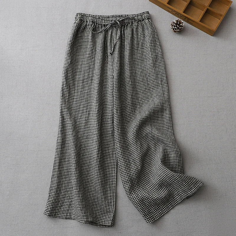 Linen plaid high waist wide leg pants female summer Korean version of retro literature loose straight casual nine-point A349