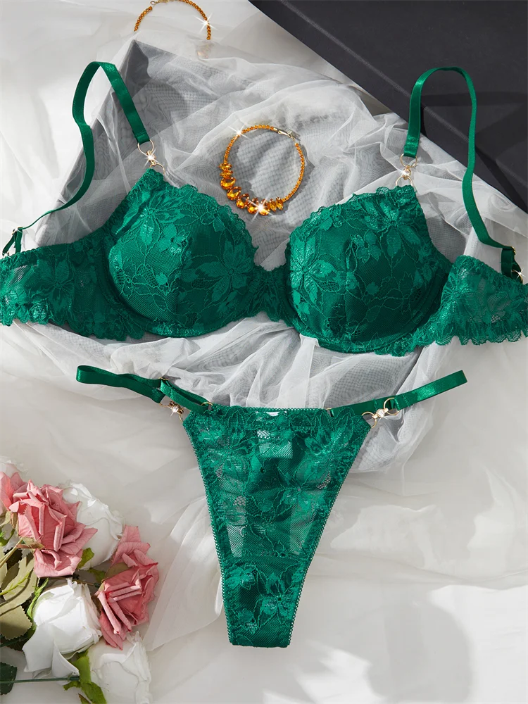 Women Lace Lingerie Ultra Sexy French Thin Bra Sets Intimate Exotic Sets Luxury Erotic Lingerie Dark Green Youth Sexy Lingerie