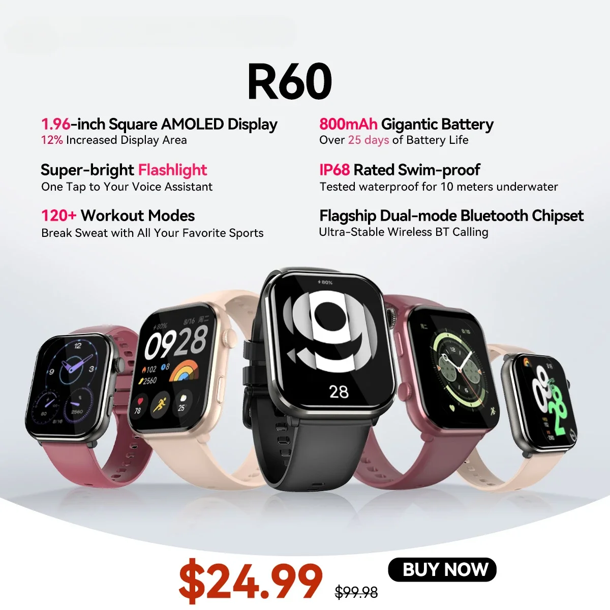 

[World Premiere] Smartwatch R60 Watch 1.96'' AMOLED Display 800mAh Bluetooth Phone Calls Health and Fitness Tracking