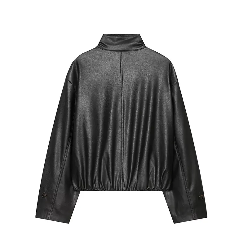 NLZGMSJ Casual Chic Bomber Jacket Solid Leather Button Turtleneck Pockets Long Sleeve Short Coats Fashion 2026 Autumn Coats