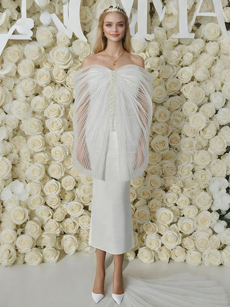 

Сексуальное лоскутное бандажное платье без бретелек с сетчатыми рукавами, женское белое облегающее платье миди с разрезом на шее и жемчугом, бисером, вечерние платья