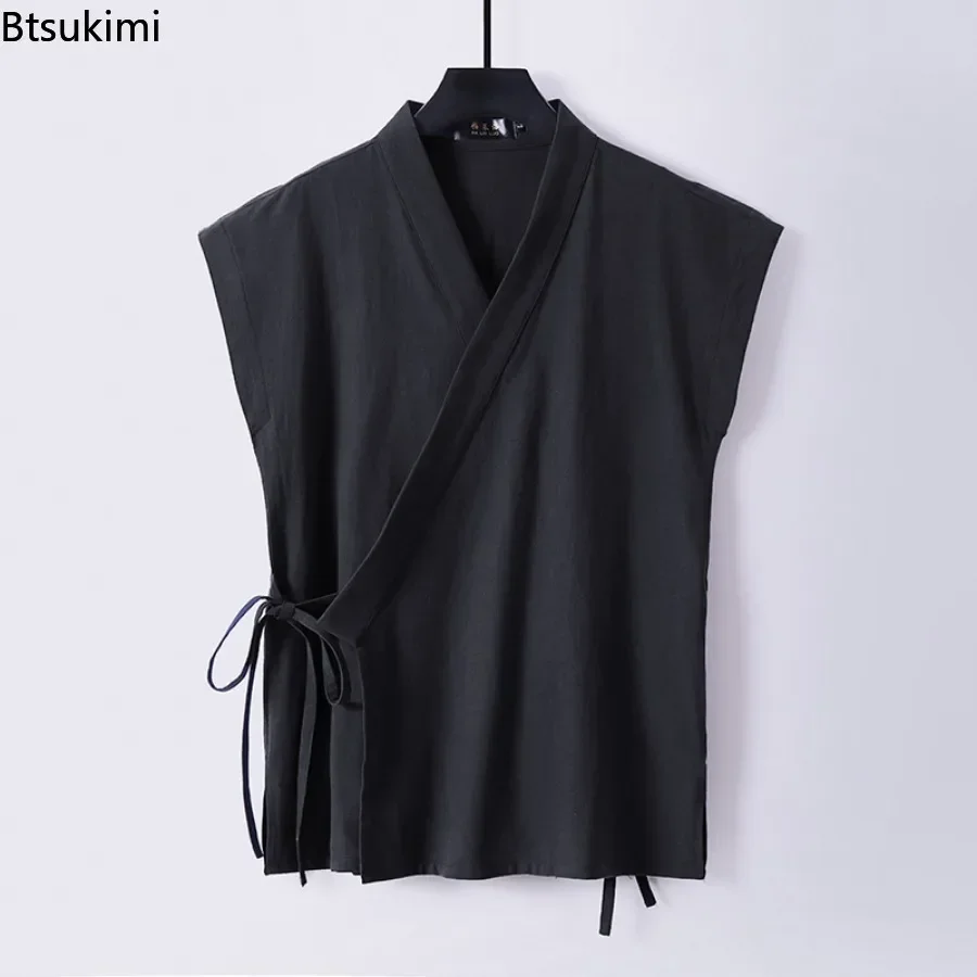 Chinese Traditional Clothes Men\'s Cotton Linen Tank Tops Sleeveless Tang Suit Tops Kimono Cardigan Solid Vintage Hanfu Vest Male