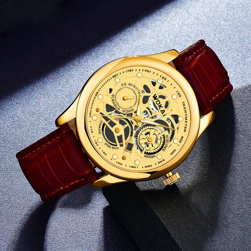 

2023 Hot Sale Low Price WOKAI Watch Men Fashion Luxury Gold Watches Skeleton Surface Quartz Wristwatches Men Reloj Hombre