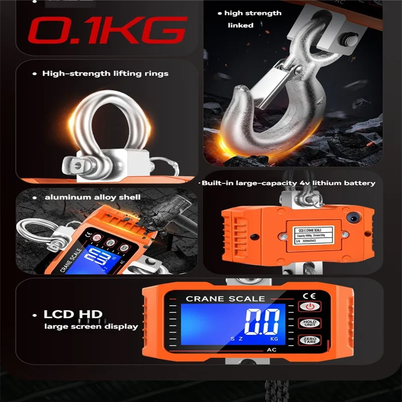 2T Digital Hanging Scale 2000KG Heavy duty Crane Scale Large LCD Industrial Hook Lock On site Weighing Scale 4400LB Remote Contr