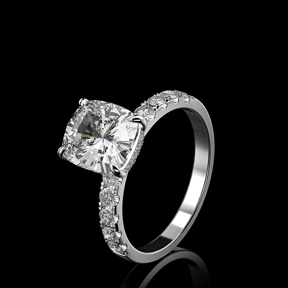New S925 Silver High Carbon Diamond Ring for Women, 3 Carat Fat Square, 8 * 9mm Car Flower Round Sharp Bottom Wedding Jewelry