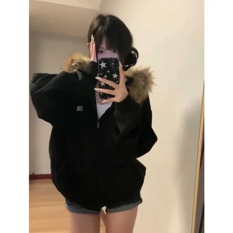 Korean Vintage Women Black Zip Up Hoodies Loose Preppy Style Faux Fur Coats Autumn Winter Harajuku Oversized Casual Sweatshirt