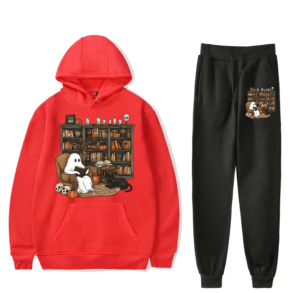 Retro Ghost Reading Books  hooded suit drawstring pocket Long Sleeve Sweatshirt  men/women  pullover