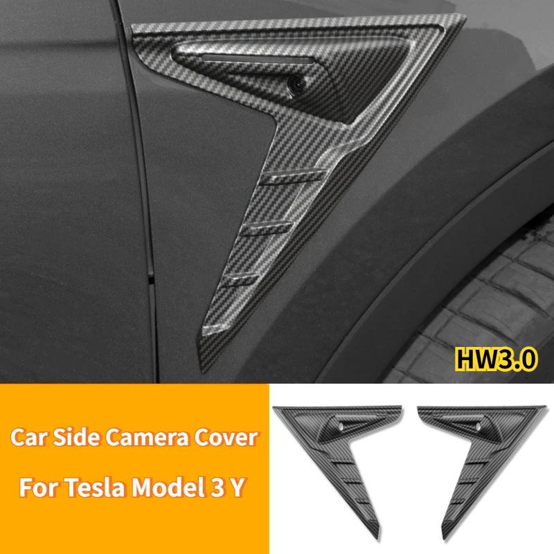 For Tesla Model 3 Y Car Side Camera Cover Thunder Fender Flanks Wing Blade Panel Spoiler Covers Protective Shell Modification
