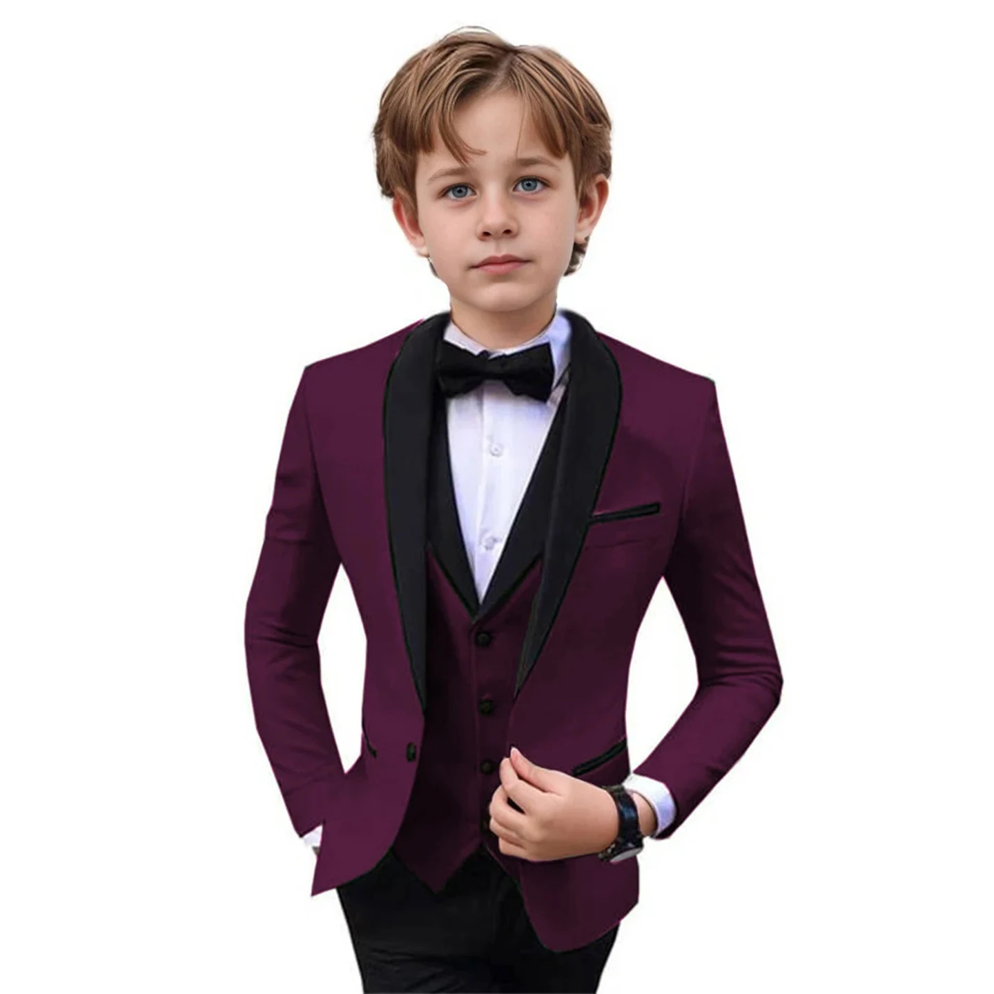 

Elegant Deep Burgundy and Black Boys 3-Piece Formal Suit Peak Lapel and Long Sleeves Suit Set Regular Length Boys Suit Set